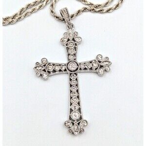 Sterling Silver 925 Diamonds Ornate Cross Pendant Twisted Rope Chain Necklace